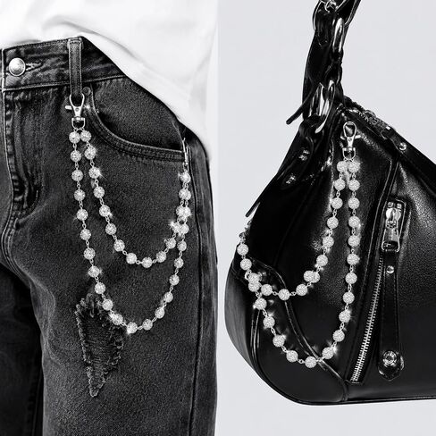 Fengek Double Layer Rhinestone Pants Chain for Men, Wallet Jean Chains Pocket Chains, Adjustable Silver Waist Chain Keychain in Kuwait
