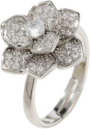 Crystal Rose Flower Spinner Fidget Open Statement Ring for Women CZ Floral Rotated Relief Anxiety Stacking Finger Rings Wedding Engagement Promise Bands Dainty Birthday Jewelry for Adjustable in Kuwait