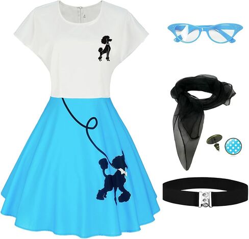 1950s Poodle Skirts Sock hop Outfits Women 50s Poodle Dress with Belt Glasses Earrings and Scarf in Saudi Arabia