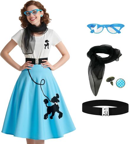 1950s Poodle Skirts Sock hop Outfits Women 50s Poodle Dress with Belt Glasses Earrings and Scarf in Saudi Arabia