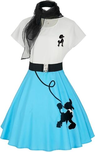 1950s Poodle Skirts Sock hop Outfits Women 50s Poodle Dress with Belt Glasses Earrings and Scarf in Saudi Arabia