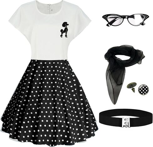 1950s Poodle Skirts Sock hop Outfits Women 50s Poodle Dress with Belt Glasses Earrings and Scarf in Saudi Arabia