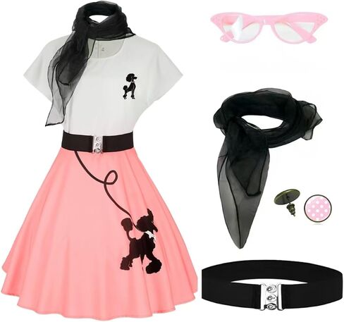 1950s Poodle Skirts Sock hop Outfits Women 50s Poodle Dress with Belt Glasses Earrings and Scarf in Saudi Arabia