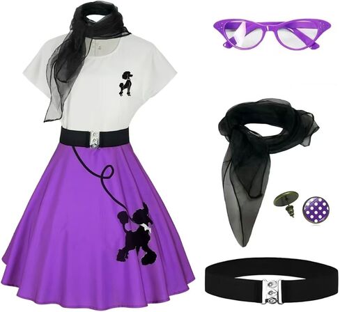 1950s Poodle Skirts Sock hop Outfits Women 50s Poodle Dress with Belt Glasses Earrings and Scarf in Saudi Arabia