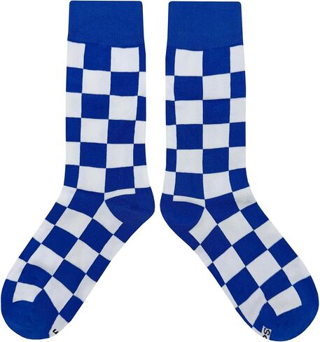 Blue White Checker Dress Socks Funny Novelty Crazy Fun Design Men Size 8-12 Cotton Casual Crew Colorful Funky Fancy Socks Gift for Men in Kuwait