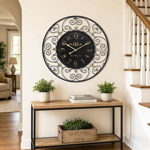 24 Inch Vintage Iron Metal Wall Clock, French Elegant Retro Decor, Large Farmhouse Wall Clock, Silent Battery Operated Wall Clocks for Living Room Kitchen Bedroom in Saudi Arabia