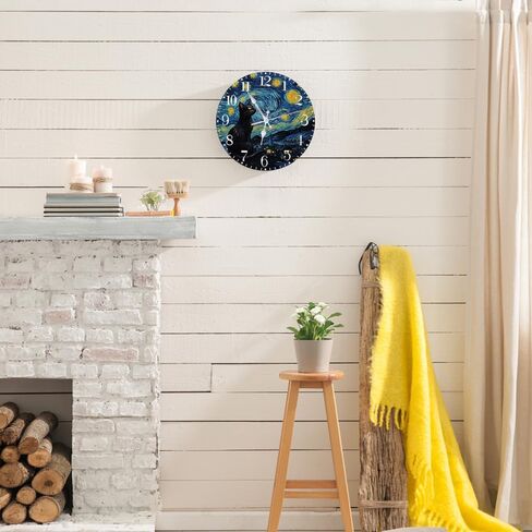 Ansouyi Round Wall Clock Battery Operated Clocks Wallclock 10 Inch, Starry Night and Black Cat Silent Non Ticking Wall Clock for Living Room,Kitchen,Home,Bathroom,Bedroom,Office or School in Saudi Arabia