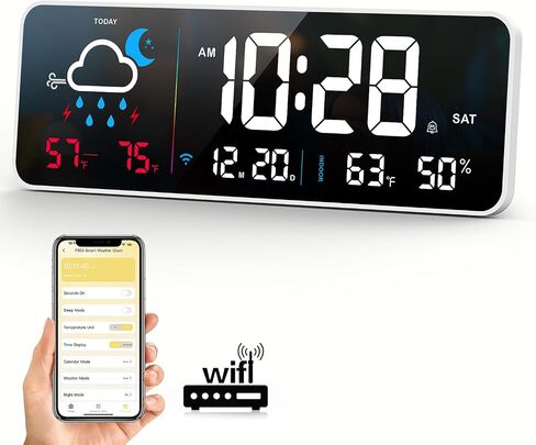 Digital Wall Clock, Digital Clock Large Display with Network Auto-Synced, Corded Smart LED Alarm Clocks Real-Time Shows Weather, Indoor/Outdoor Temp Humidity for Living Room Bedroom Classroom (White) in Saudi Arabia