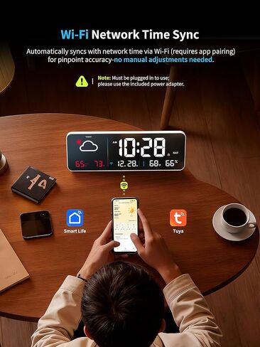 Digital Wall Clock, Digital Clock Large Display with Network Auto-Synced, Corded Smart LED Alarm Clocks Real-Time Shows Weather, Indoor/Outdoor Temp Humidity for Living Room Bedroom Classroom (White) in Saudi Arabia