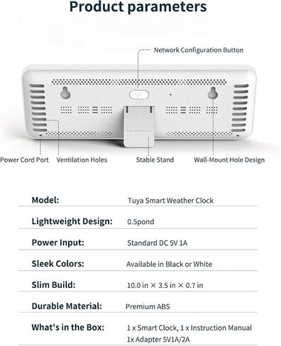 Digital Wall Clock, Digital Clock Large Display with Network Auto-Synced, Corded Smart LED Alarm Clocks Real-Time Shows Weather, Indoor/Outdoor Temp Humidity for Living Room Bedroom Classroom (White) in Saudi Arabia