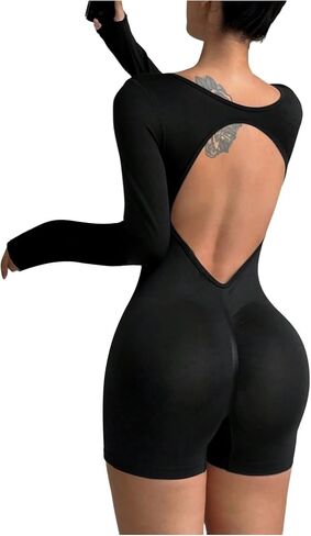 WDIRARA Women's Cut Out Back Square Neck Athletic Romper Long Sleeve Tummy Control Unitard Shorts Jumpsuit in Kuwait