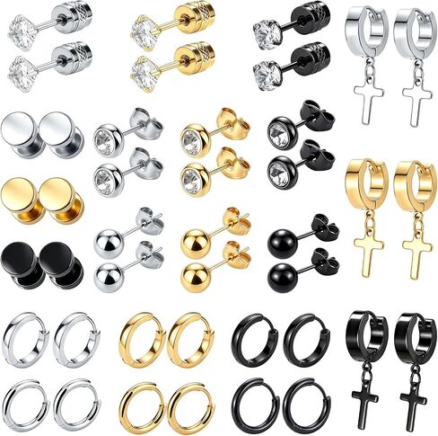 21 Pairs Earrings for Men Stainless Steel Small Hoop Earrings Hypoallergenic CZ Cross Dangle Earrings Cubic Zirconia Stud Earrings Huggie Men's Earrings Set in Saudi Arabia
