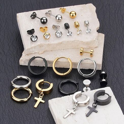 21 Pairs Earrings for Men Stainless Steel Small Hoop Earrings Hypoallergenic CZ Cross Dangle Earrings Cubic Zirconia Stud Earrings Huggie Men's Earrings Set in Saudi Arabia