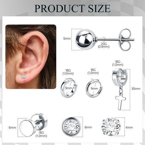 21 Pairs Earrings for Men Stainless Steel Small Hoop Earrings Hypoallergenic CZ Cross Dangle Earrings Cubic Zirconia Stud Earrings Huggie Men's Earrings Set in Saudi Arabia