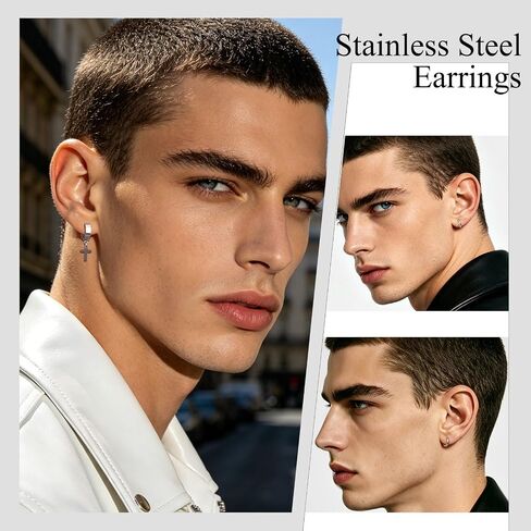 21 Pairs Earrings for Men Stainless Steel Small Hoop Earrings Hypoallergenic CZ Cross Dangle Earrings Cubic Zirconia Stud Earrings Huggie Men's Earrings Set in Saudi Arabia