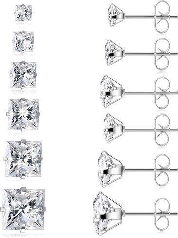 YUXIANLB 6Pairs Stainless Steel Earrings Set, Skin-Friendly Cubic Zirconia Small Square Stud Earrings Cartilage Earring Stacks Set Sensitive Ears for Women Men 3-8mm Silver in Kuwait