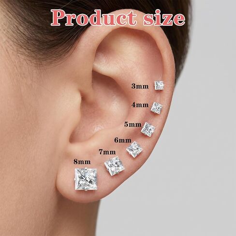 YUXIANLB 6Pairs Stainless Steel Earrings Set, Skin-Friendly Cubic Zirconia Small Square Stud Earrings Cartilage Earring Stacks Set Sensitive Ears for Women Men 3-8mm Silver in Kuwait