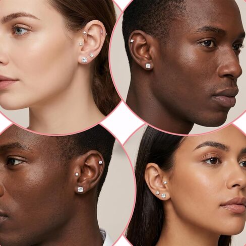 YUXIANLB 6Pairs Stainless Steel Earrings Set, Skin-Friendly Cubic Zirconia Small Square Stud Earrings Cartilage Earring Stacks Set Sensitive Ears for Women Men 3-8mm Silver in Kuwait
