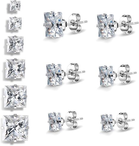 YUXIANLB 6Pairs Stainless Steel Earrings Set, Skin-Friendly Cubic Zirconia Small Square Stud Earrings Cartilage Earring Stacks Set Sensitive Ears for Women Men 3-8mm Silver in Kuwait