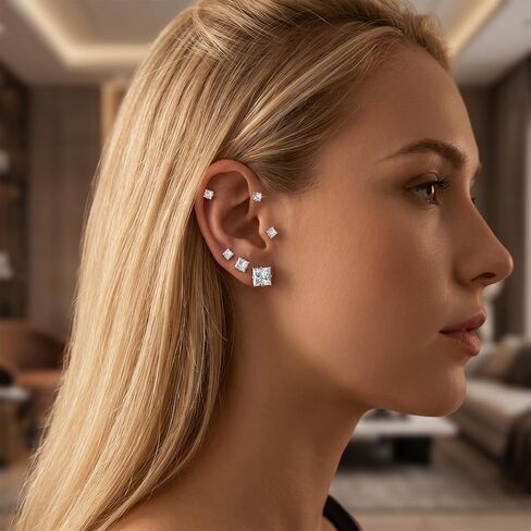 YUXIANLB 6Pairs Stainless Steel Earrings Set, Skin-Friendly Cubic Zirconia Small Square Stud Earrings Cartilage Earring Stacks Set Sensitive Ears for Women Men 3-8mm Silver in Kuwait