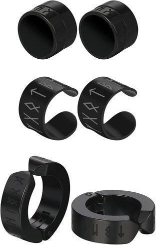OIDEA Black Earrings Set for Men: 3 Pairs Norse Viking Runes Hoop Earrings Magnetic Earrings Non Piercing Ear Cuff Earrings Stainless Steel Mens Earrings Amulet Jewelry Gifts in Kuwait