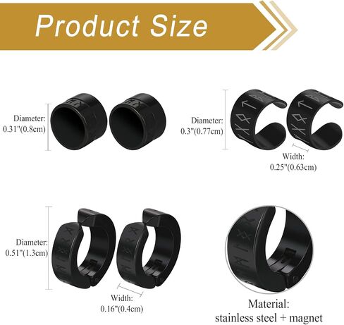 OIDEA Black Earrings Set for Men: 3 Pairs Norse Viking Runes Hoop Earrings Magnetic Earrings Non Piercing Ear Cuff Earrings Stainless Steel Mens Earrings Amulet Jewelry Gifts in Kuwait