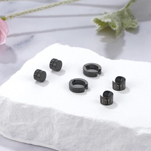 OIDEA Black Earrings Set for Men: 3 Pairs Norse Viking Runes Hoop Earrings Magnetic Earrings Non Piercing Ear Cuff Earrings Stainless Steel Mens Earrings Amulet Jewelry Gifts in Kuwait