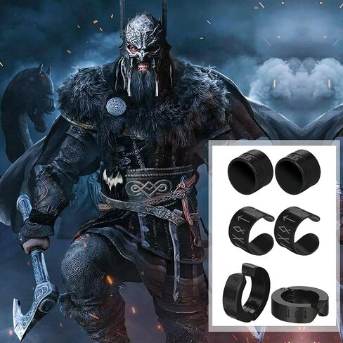 OIDEA Black Earrings Set for Men: 3 Pairs Norse Viking Runes Hoop Earrings Magnetic Earrings Non Piercing Ear Cuff Earrings Stainless Steel Mens Earrings Amulet Jewelry Gifts in Kuwait