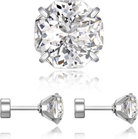 Zircon Flat Back Screw Stud Earrings - Hypoallergenic Surgical Steel Geo Cut in Saudi Arabia