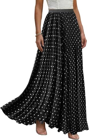 Women's Polka Dot Pleated Maxi Skirts Chiffon Elastic High Waisted Boho A-Line Long Skirt ﻿ in Saudi Arabia