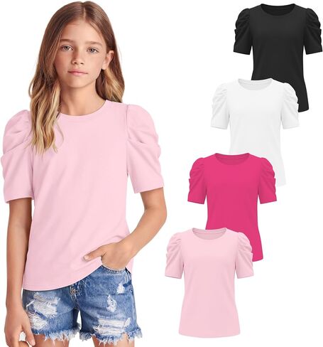 4 Pack Girls Puff Short Sleeve Shirts Summer Crewneck T Shirts Casual Tops Loose Basic Solid Blouses 5-14 Years in Kuwait