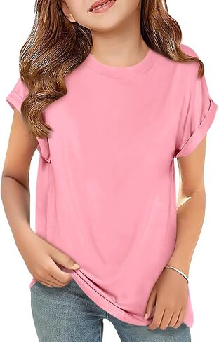 Haloumoning Girls Short Sleeve T-Shirts Kids Summer Crewneck Curve Hem Tunic Tops Soft Tees 5-14 Years in Kuwait