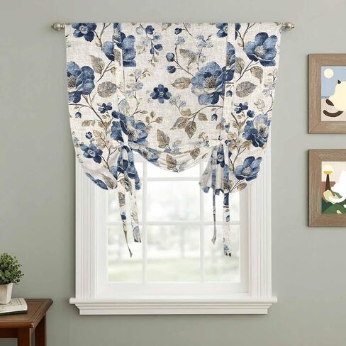 Spring Floral Tie Up Curtain Valance for Window, Adjustable Light Filtering Vintage Flowers Botanical Window Curtains Shades, Rod Pocket Blue Gray Valance Drapes for Cafe Living Room Bedroom 34"x45" in Saudi Arabia