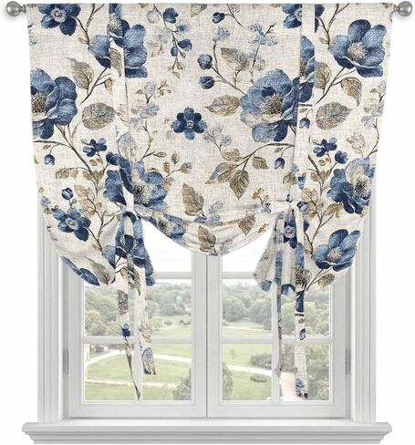 Spring Floral Tie Up Curtain Valance for Window, Adjustable Light Filtering Vintage Flowers Botanical Window Curtains Shades, Rod Pocket Blue Gray Valance Drapes for Cafe Living Room Bedroom 34"x45" in Saudi Arabia