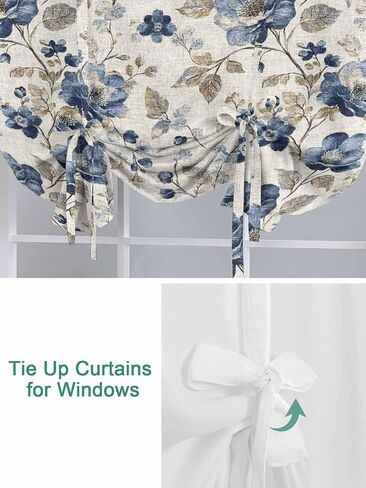 Spring Floral Tie Up Curtain Valance for Window, Adjustable Light Filtering Vintage Flowers Botanical Window Curtains Shades, Rod Pocket Blue Gray Valance Drapes for Cafe Living Room Bedroom 34"x45" in Saudi Arabia