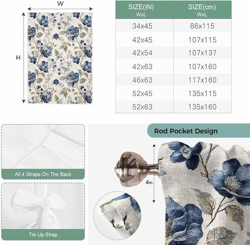 Spring Floral Tie Up Curtain Valance for Window, Adjustable Light Filtering Vintage Flowers Botanical Window Curtains Shades, Rod Pocket Blue Gray Valance Drapes for Cafe Living Room Bedroom 34"x45" in Saudi Arabia