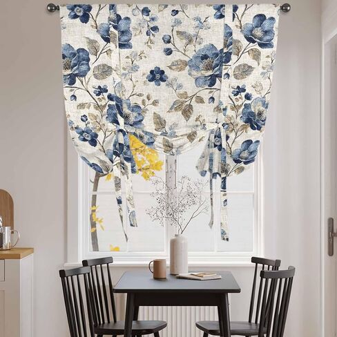 Spring Floral Tie Up Curtain Valance for Window, Adjustable Light Filtering Vintage Flowers Botanical Window Curtains Shades, Rod Pocket Blue Gray Valance Drapes for Cafe Living Room Bedroom 34"x45" in Saudi Arabia