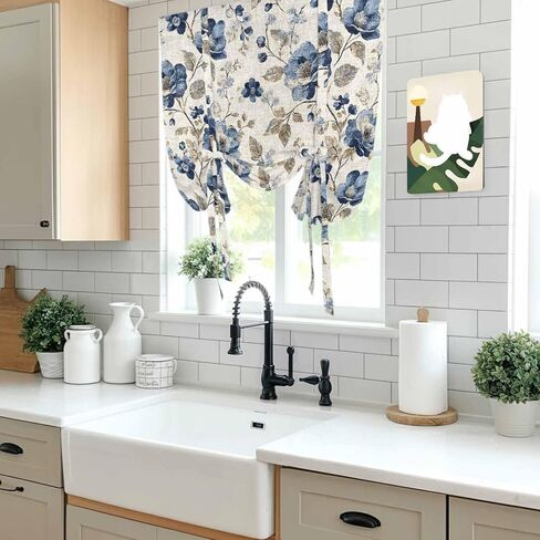Spring Floral Tie Up Curtain Valance for Window, Adjustable Light Filtering Vintage Flowers Botanical Window Curtains Shades, Rod Pocket Blue Gray Valance Drapes for Cafe Living Room Bedroom 34"x45" in Saudi Arabia