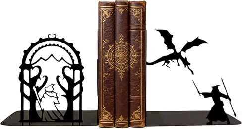 Dragon and Wizard Fantasy Bookends for Shelves, Heavy Duty Metal Book Ends, Unique Gothic Decor Book Stopper for Book Lovers in Kuwait