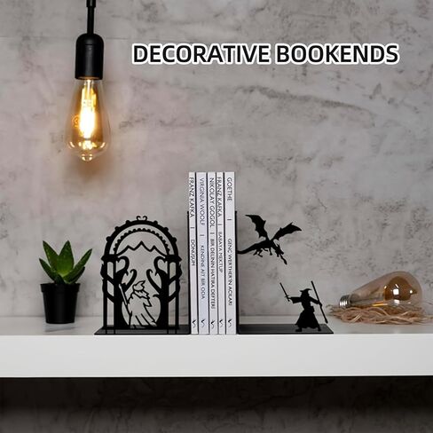 Dragon and Wizard Fantasy Bookends for Shelves, Heavy Duty Metal Book Ends, Unique Gothic Decor Book Stopper for Book Lovers in Kuwait