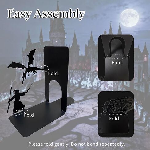 Dragon and Wizard Fantasy Bookends for Shelves, Heavy Duty Metal Book Ends, Unique Gothic Decor Book Stopper for Book Lovers in Kuwait