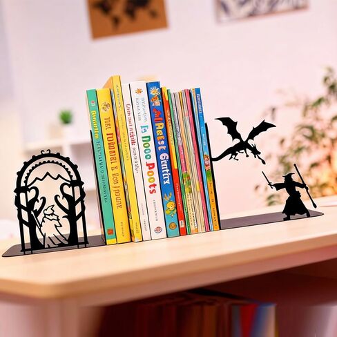 Dragon and Wizard Fantasy Bookends for Shelves, Heavy Duty Metal Book Ends, Unique Gothic Decor Book Stopper for Book Lovers in Kuwait
