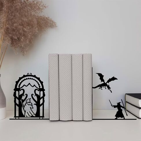 Dragon and Wizard Fantasy Bookends for Shelves, Heavy Duty Metal Book Ends, Unique Gothic Decor Book Stopper for Book Lovers in Kuwait