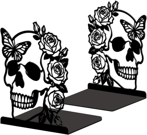 Peacoblue Metal Bookends for Shelves, Modern Decorative Heavy Duty Study Book Ends Stoppers for Office Desk Shelf, Room 5.3"x4.3"x6.7" Cast Iron Tall Bookends 1 Pair (Skeleton Rose and Butterfly) in Kuwait