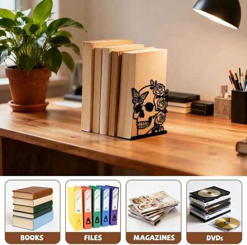 Peacoblue Metal Bookends for Shelves, Modern Decorative Heavy Duty Study Book Ends Stoppers for Office Desk Shelf, Room 5.3"x4.3"x6.7" Cast Iron Tall Bookends 1 Pair (Skeleton Rose and Butterfly) in Kuwait