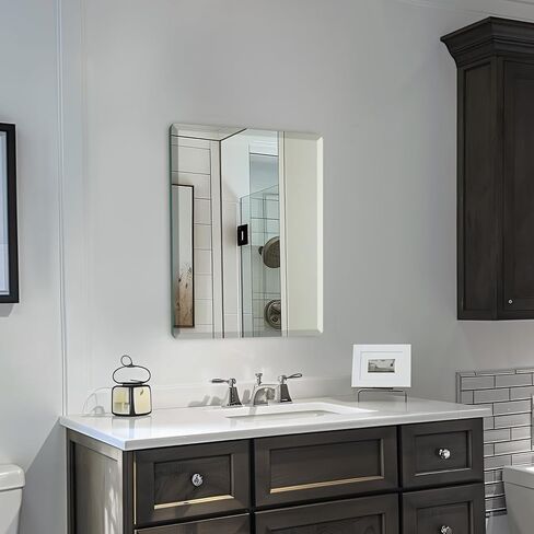 Mirrorons Beveled Mirror, Wall Mirror 18" x 24", Frameless Rectangle Bathroom Mirror with Beveled Edge, Hangs Horizontally or Vertically. Rounded Corner Tempered in Saudi Arabia