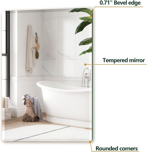 Mirrorons Beveled Mirror, Wall Mirror 18" x 24", Frameless Rectangle Bathroom Mirror with Beveled Edge, Hangs Horizontally or Vertically. Rounded Corner Tempered in Saudi Arabia