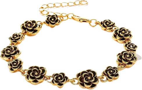 Alegend 14K Gold Plated Vintage Black Gold Rose Flower Bracelet for Women - Adjustable Link Chain Romantic Jewelry Gift in Saudi Arabia