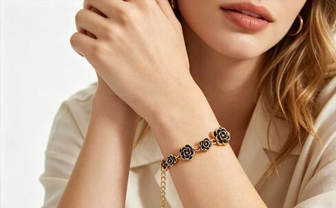 Alegend 14K Gold Plated Vintage Black Gold Rose Flower Bracelet for Women - Adjustable Link Chain Romantic Jewelry Gift in Saudi Arabia