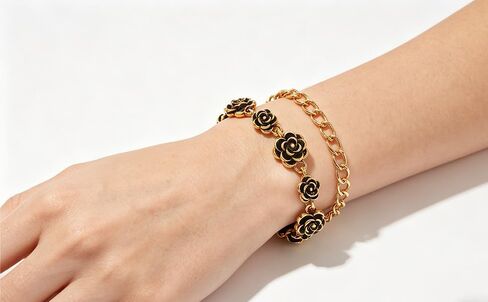 Alegend 14K Gold Plated Vintage Black Gold Rose Flower Bracelet for Women - Adjustable Link Chain Romantic Jewelry Gift in Saudi Arabia